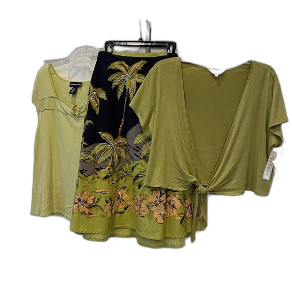 3 Piece McNaughton JPR Skirt 2 Top Set Tropical Palm Trees Sequins Green XL NEW - Picture 2 of 16